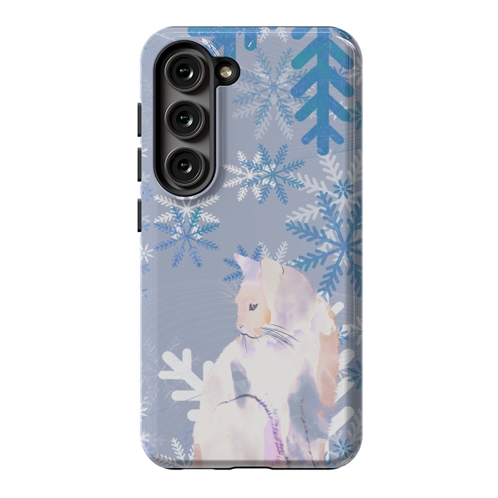 Galaxy S23 StrongFit Cat and metallic blue snowflakes watercolor illustration by Oana 