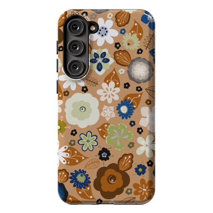 Galaxy S23 Plus StrongFit Kitsch 70s Flowers in Classic Blue and Brown by Paula Ohreen