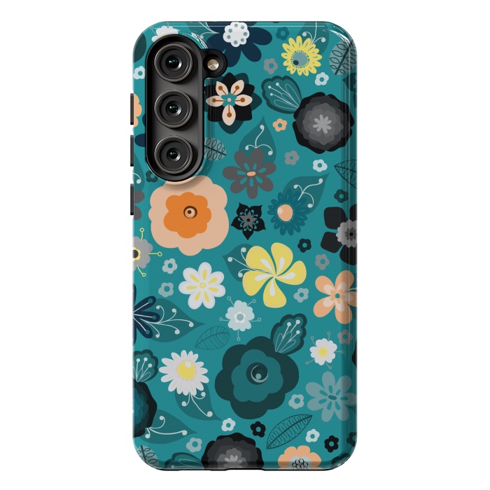 Galaxy S23 Plus StrongFit Kitsch 70s Flowers in Classic Blue and Yellow by Paula Ohreen