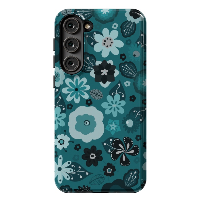 Galaxy S23 Plus StrongFit Kitsch 70s Flowers in Monochrome Classic Blue by Paula Ohreen