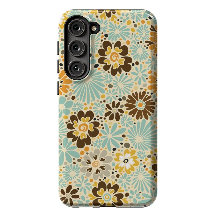 Galaxy S23 Plus StrongFit 70s Valentine Flowers in Orange, Brown and Blue by Paula Ohreen