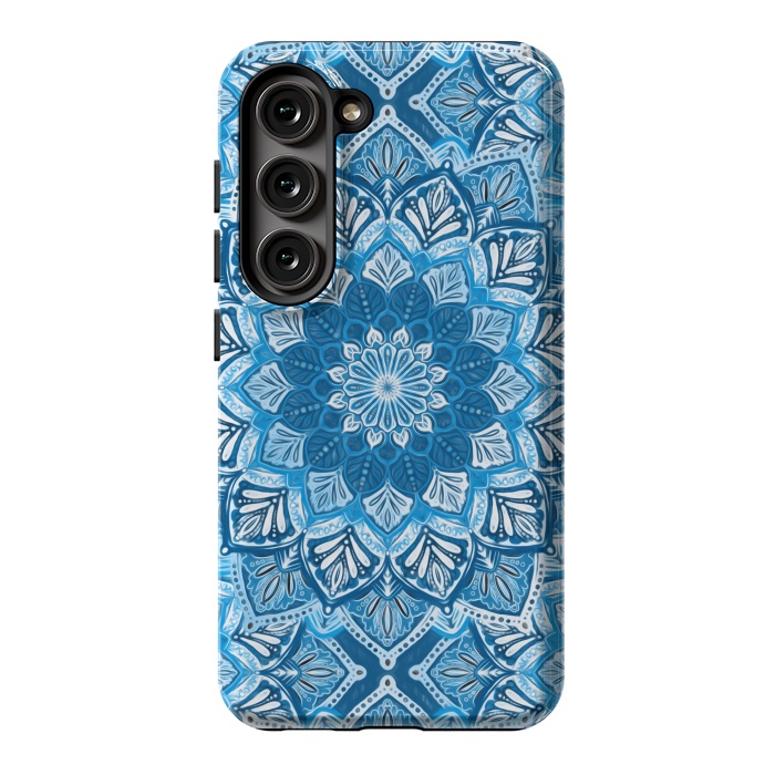 Galaxy S23 StrongFit Boho Mandala in Monochrome Blue and White by Micklyn Le Feuvre