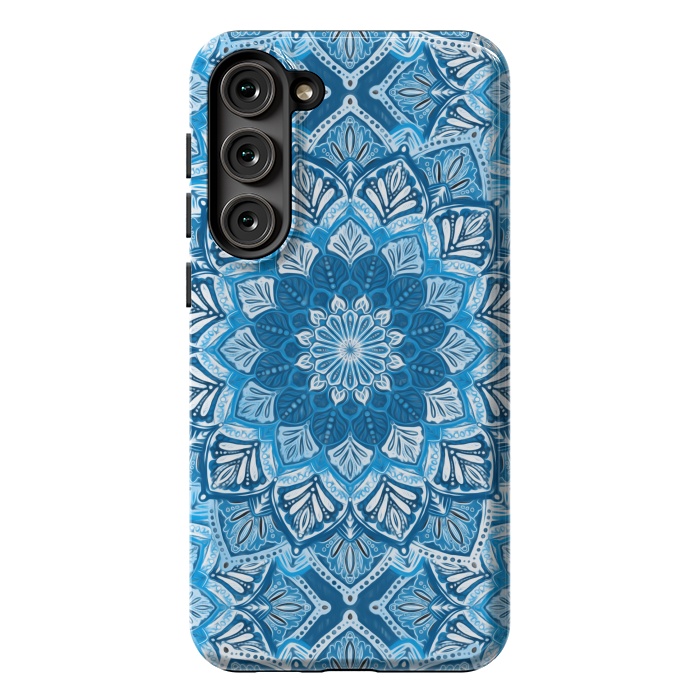 Galaxy S23 Plus StrongFit Boho Mandala in Monochrome Blue and White by Micklyn Le Feuvre
