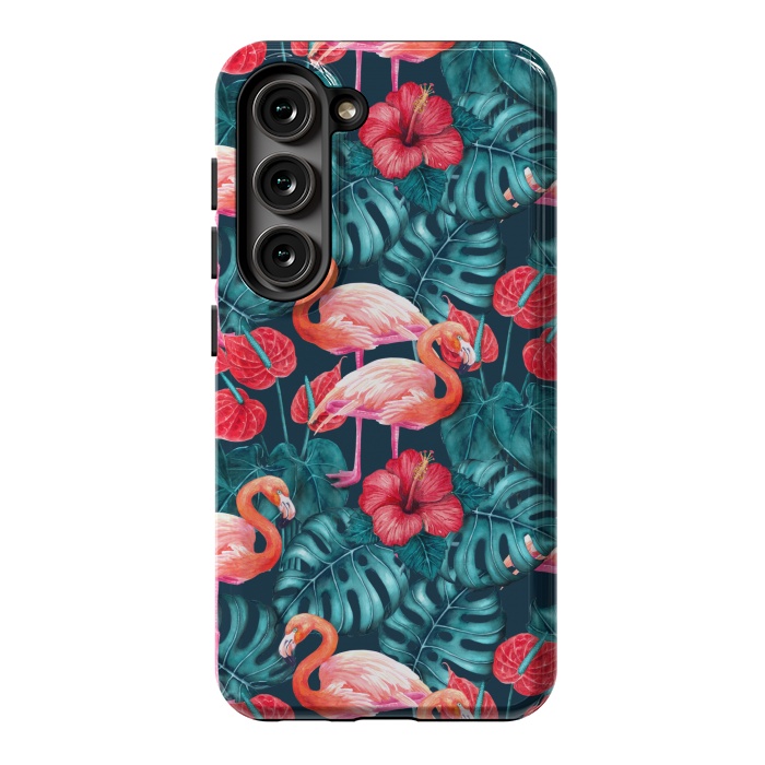 Galaxy S23 StrongFit Flamingo birds and tropical garden watercolor by Katerina Kirilova
