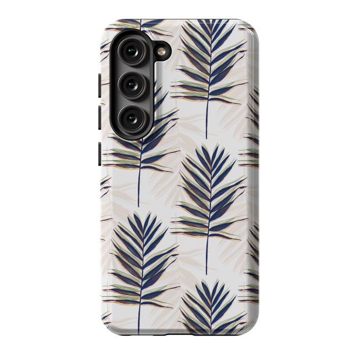 Galaxy S23 StrongFit Modern Blue Palm Leaves Gold Strokes White Design by InovArts