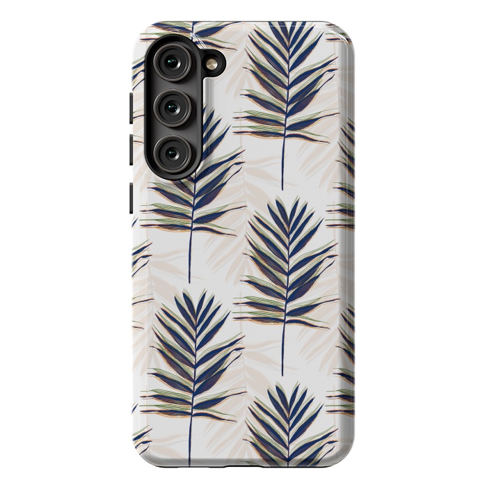 Galaxy S23 Plus StrongFit Modern Blue Palm Leaves Gold Strokes White Design by InovArts