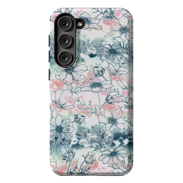 Galaxy S23 Plus StrongFit Fields of Cosmos in Coral, Mint and Navy Tied Dye by gingerlique