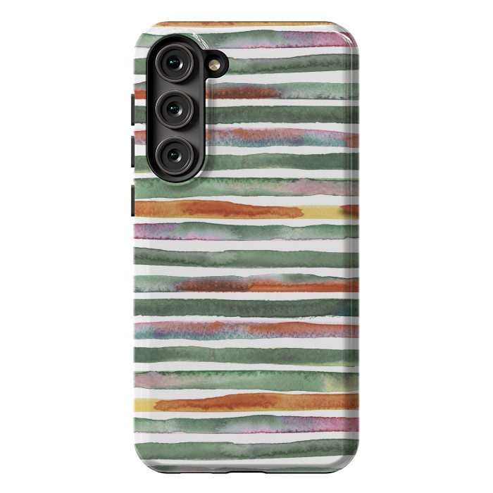 Galaxy S23 Plus StrongFit Watercolor Stripes and Lines Green Orange by Ninola Design