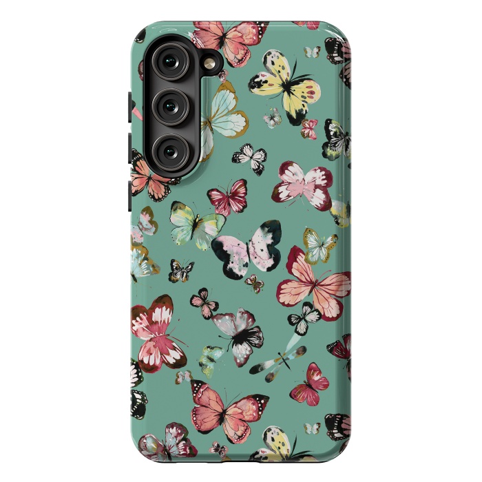 Galaxy S23 Plus StrongFit Flying Butterflies Watercolor Teal by Ninola Design