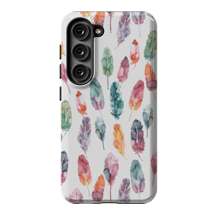 Galaxy S23 StrongFit Bohemian Feathers Watercolor Colorful by Ninola Design