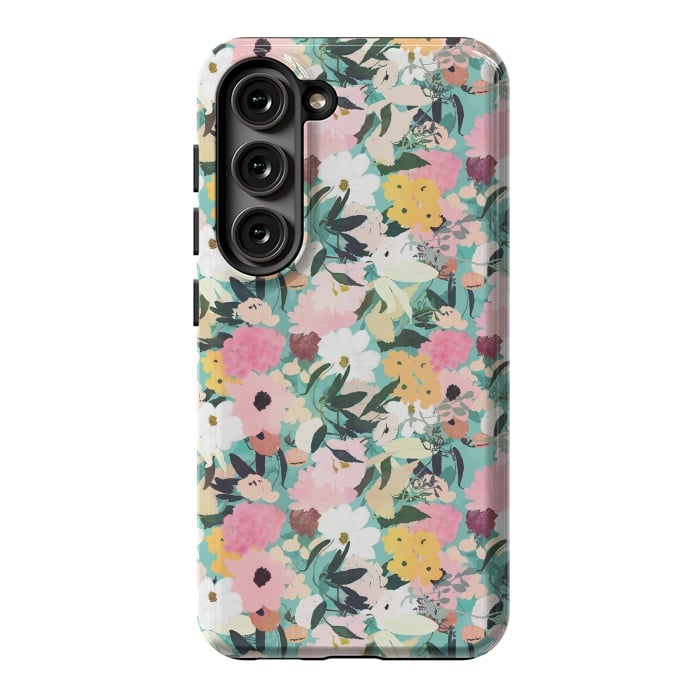 Galaxy S23 StrongFit Pretty Watercolor Pink & White Floral Green Design by InovArts