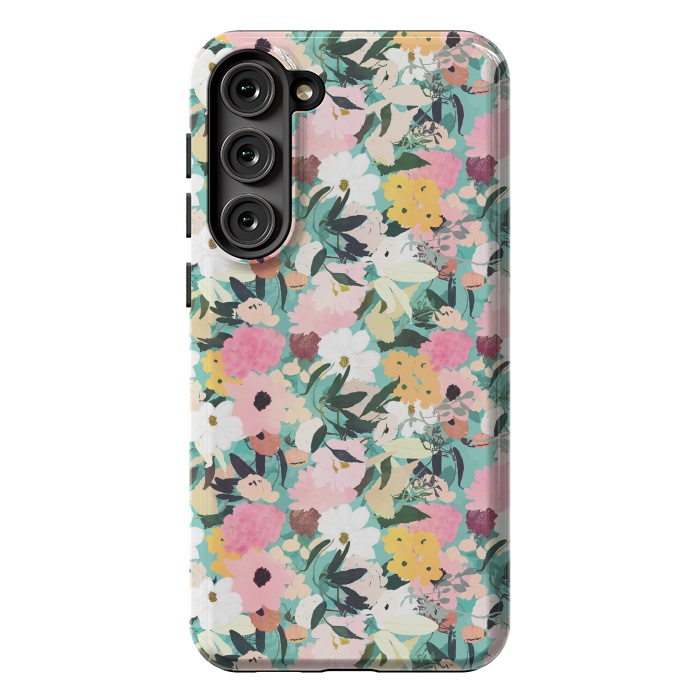 Galaxy S23 Plus StrongFit Pretty Watercolor Pink & White Floral Green Design by InovArts