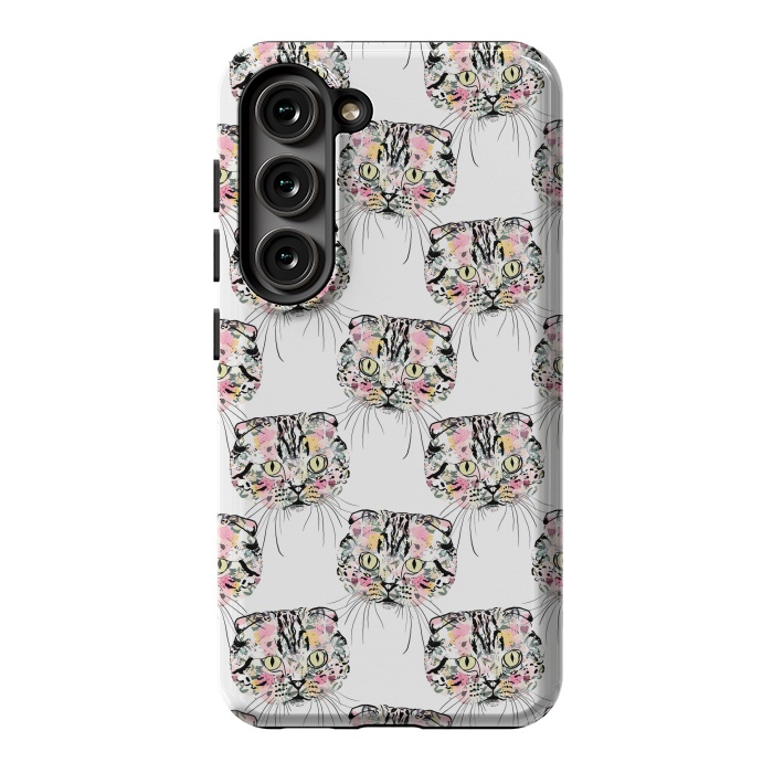 Galaxy S23 StrongFit Cute Pink Cat & watercolor flowers Animal Pattern by InovArts