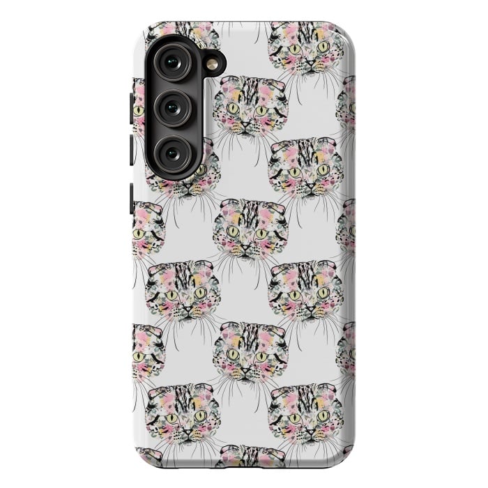 Galaxy S23 Plus StrongFit Cute Pink Cat & watercolor flowers Animal Pattern by InovArts