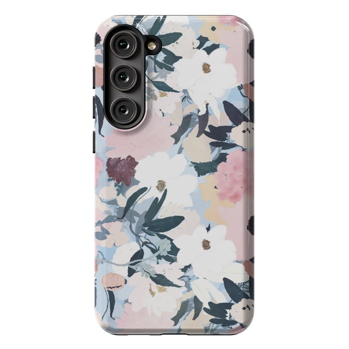 Galaxy S23 Plus StrongFit Pretty Grayish Blue Watercolor Pink & White Floral Design by InovArts