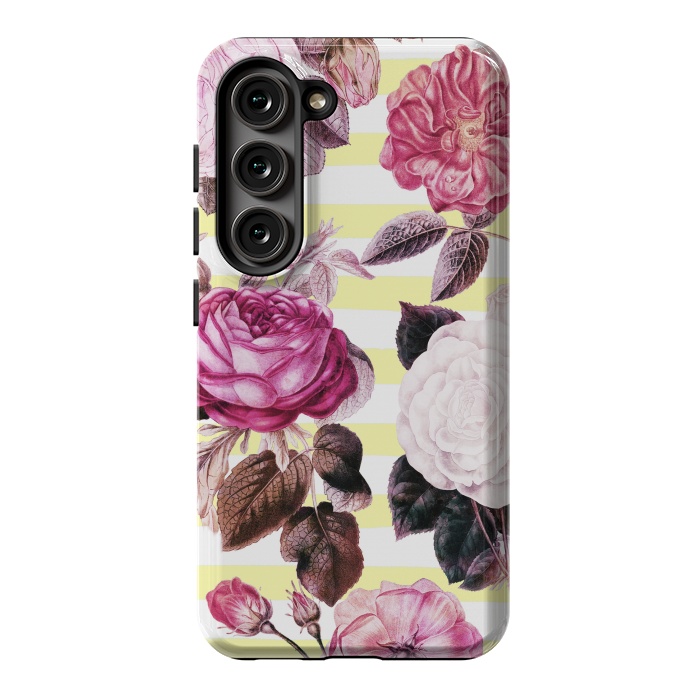 Galaxy S23 StrongFit Vintage romantic roses and bright yellow stripes by Oana 