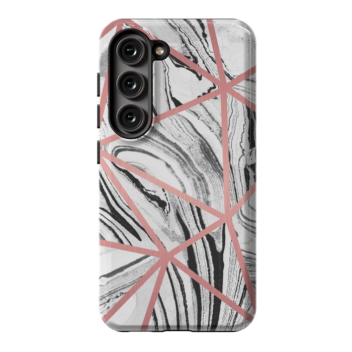 Galaxy S23 StrongFit White marble with black stripes and rose gold triangles by Oana 