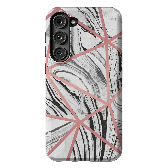 Galaxy S23 Plus StrongFit White marble with black stripes and rose gold triangles by Oana 
