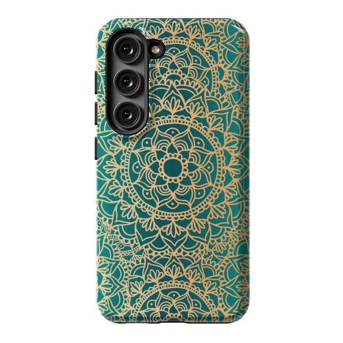 Galaxy S23 StrongFit Teal Green and Yellow Mandala Pattern by Julie Erin Designs