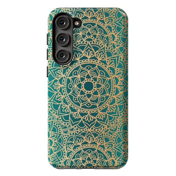 Galaxy S23 Plus StrongFit Teal Green and Yellow Mandala Pattern by Julie Erin Designs