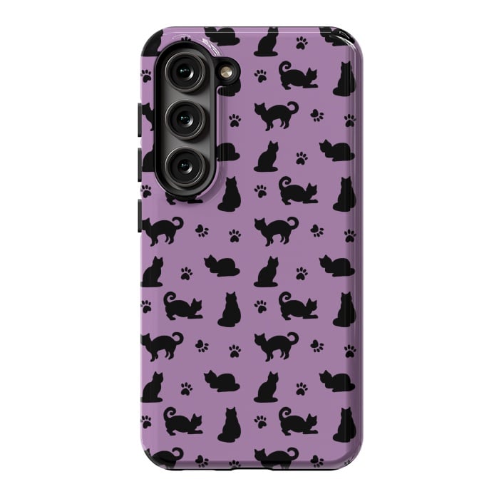 Galaxy S23 StrongFit Black and Purple Cats and Paw Prints Pattern by Julie Erin Designs
