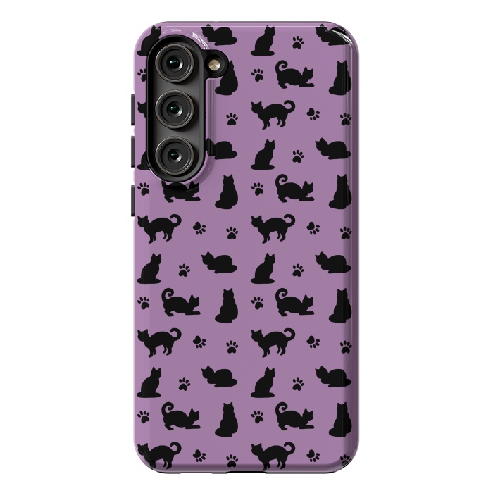 Galaxy S23 Plus StrongFit Black and Purple Cats and Paw Prints Pattern by Julie Erin Designs