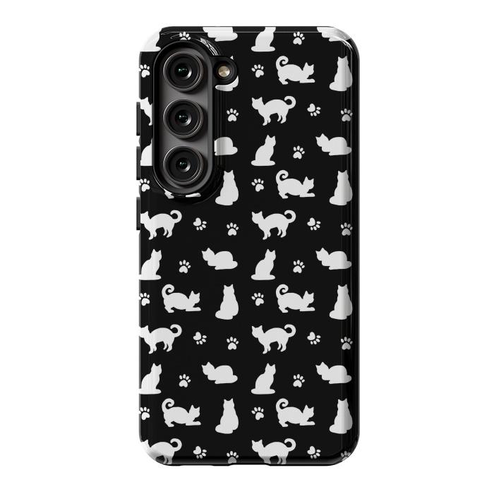 Galaxy S23 StrongFit Black and White Cats and Paw Prints Pattern by Julie Erin Designs