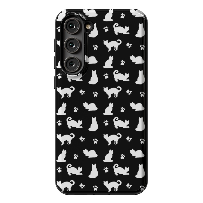 Galaxy S23 Plus StrongFit Black and White Cats and Paw Prints Pattern by Julie Erin Designs