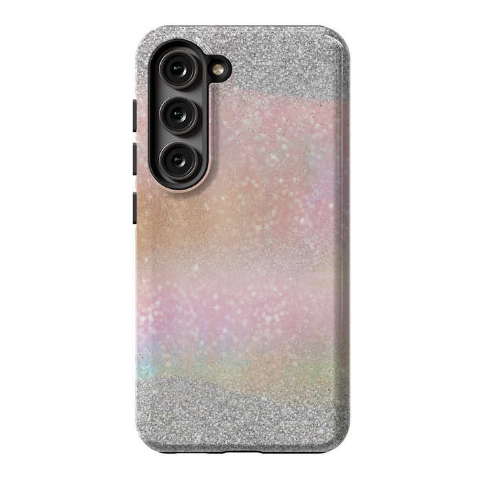 Galaxy S23 StrongFit Elegant Silver Gold strokes rainbow glow Glitter abstract image by InovArts