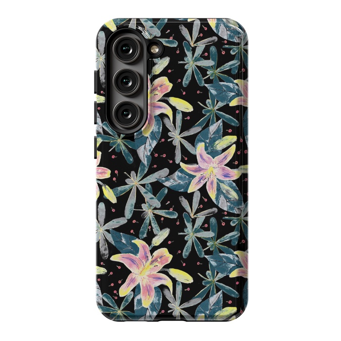 Galaxy S23 StrongFit Painted flowers and tropical leaves - dark green by Oana 