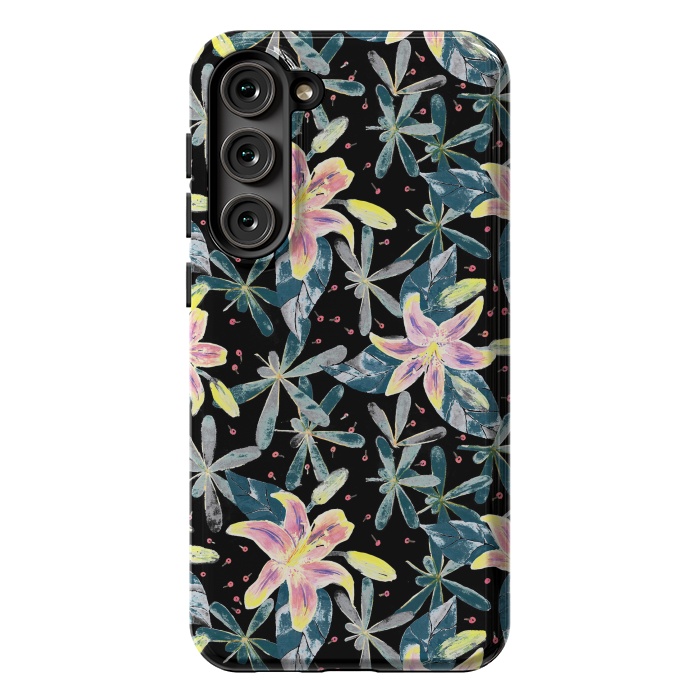 Galaxy S23 Plus StrongFit Painted flowers and tropical leaves - dark green by Oana 