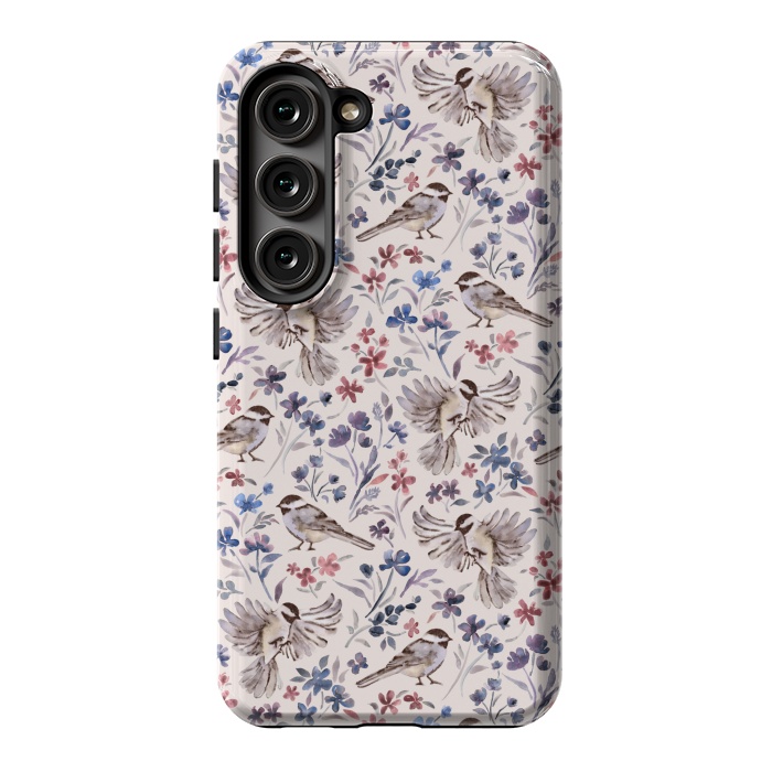 Galaxy S23 StrongFit Chickadees and Wildflowers on Cream by Micklyn Le Feuvre