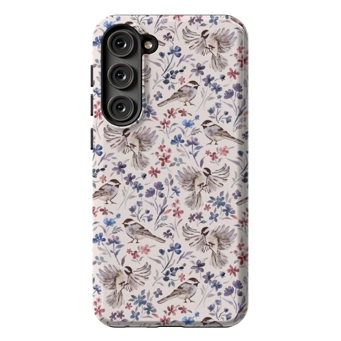 Galaxy S23 Plus StrongFit Chickadees and Wildflowers on Cream by Micklyn Le Feuvre