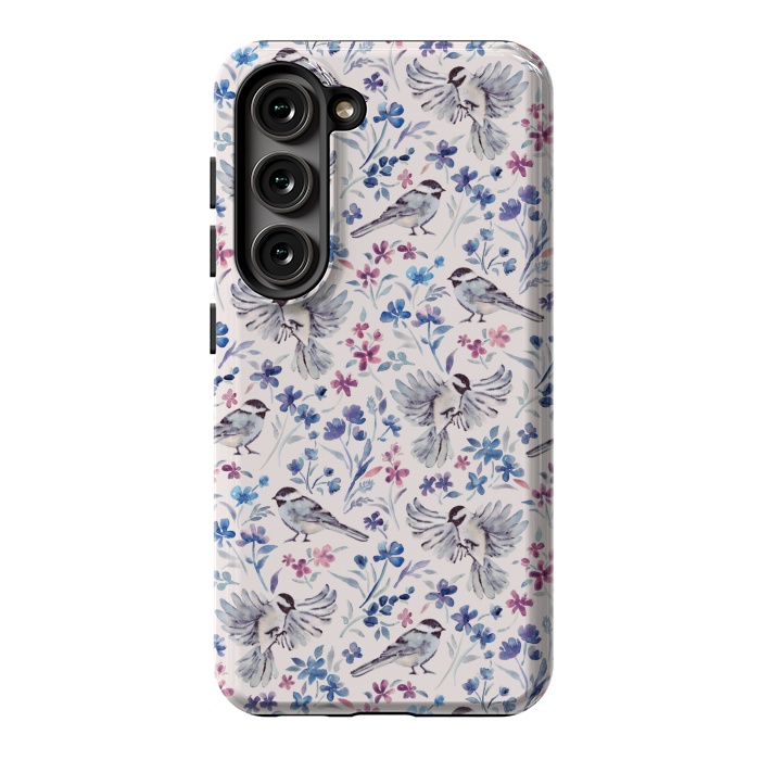Galaxy S23 StrongFit Chickadees and Wildflowers in lavender blues on cream by Micklyn Le Feuvre
