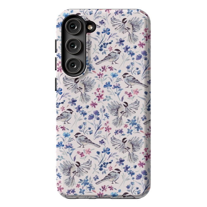 Galaxy S23 Plus StrongFit Chickadees and Wildflowers in lavender blues on cream by Micklyn Le Feuvre