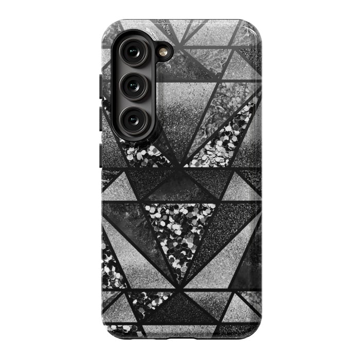 Galaxy S23 StrongFit Black and silver glitter sparkle triangles by Oana 