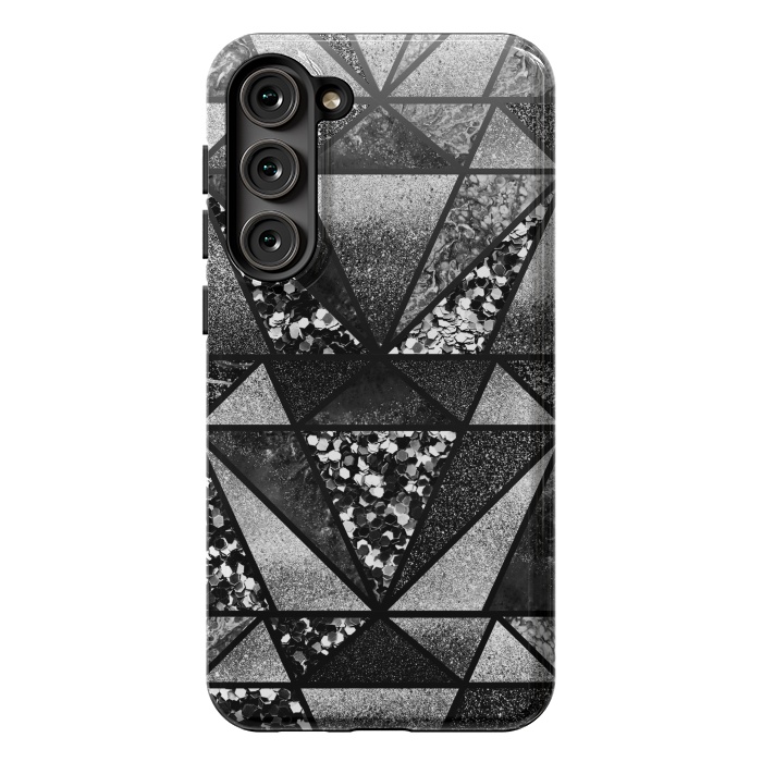 Galaxy S23 Plus StrongFit Black and silver glitter sparkle triangles by Oana 