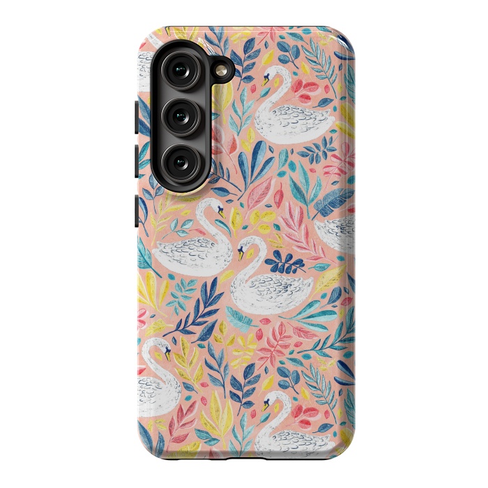 Galaxy S23 StrongFit Whimsical White Swans and Colorful Leaves on Pale Peach Pink by Micklyn Le Feuvre