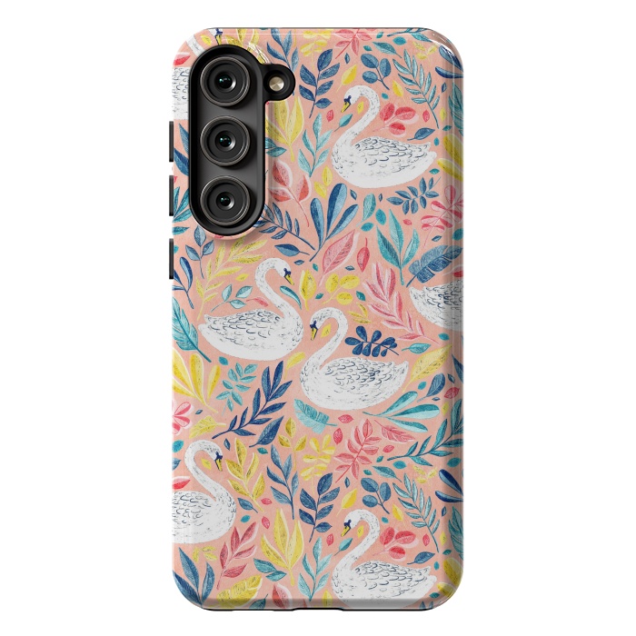 Galaxy S23 Plus StrongFit Whimsical White Swans and Colorful Leaves on Pale Peach Pink by Micklyn Le Feuvre