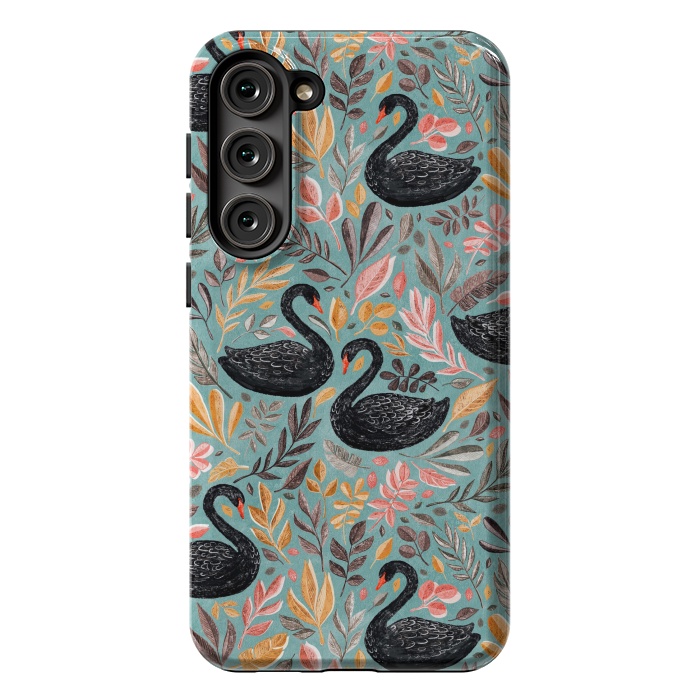 Galaxy S23 Plus StrongFit Bonny Black Swans with Autumn Leaves on Sage by Micklyn Le Feuvre