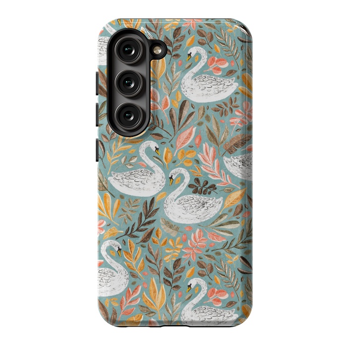 Galaxy S23 StrongFit Whimsical White Swans with Autumn Leaves on Sage by Micklyn Le Feuvre