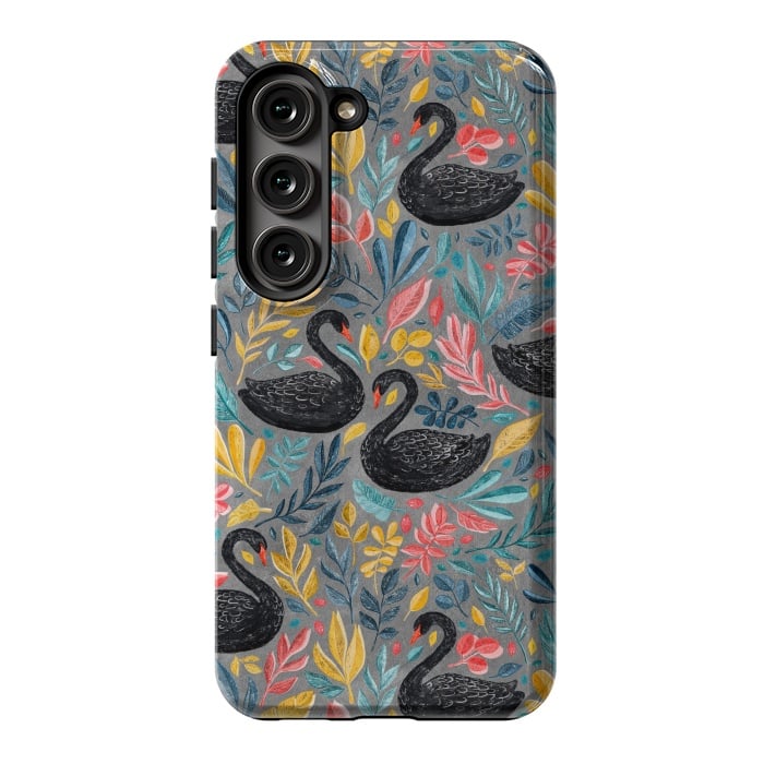 Galaxy S23 StrongFit Bonny Black Swans with Lots of Leaves on Grey by Micklyn Le Feuvre