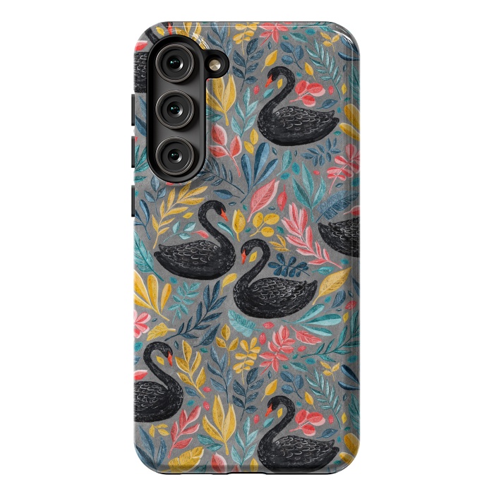 Galaxy S23 Plus StrongFit Bonny Black Swans with Lots of Leaves on Grey by Micklyn Le Feuvre