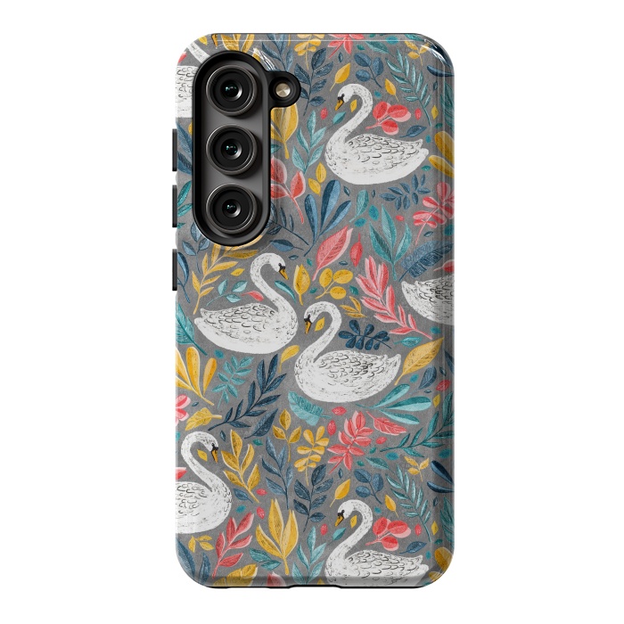 Galaxy S23 StrongFit Whimsical White Swans with Lots of Leaves on Grey by Micklyn Le Feuvre