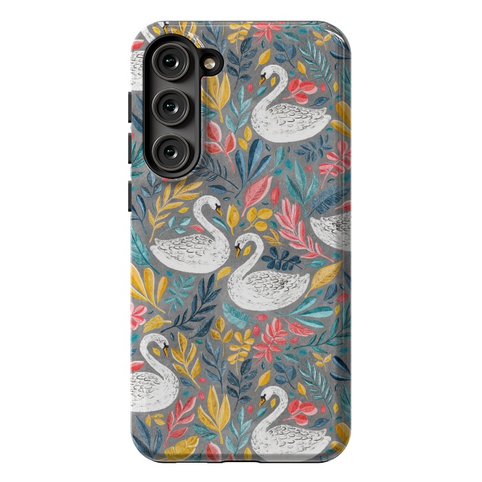Galaxy S23 Plus StrongFit Whimsical White Swans with Lots of Leaves on Grey by Micklyn Le Feuvre