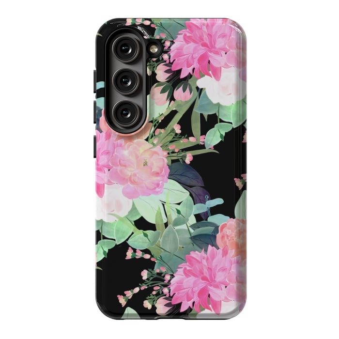 Galaxy S23 StrongFit Trendy Pink & Black Flowers Watercolor Design by InovArts