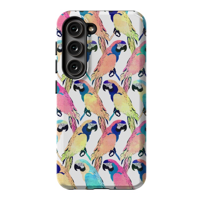 Galaxy S23 StrongFit Modern Colorful Exotic Parrot Birds Watercolor Paint by InovArts