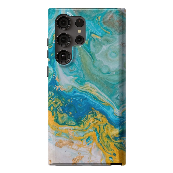 Galaxy S23 Ultra StrongFit Blue Acrylic Texture with Golden Marble Motifs by ArtsCase