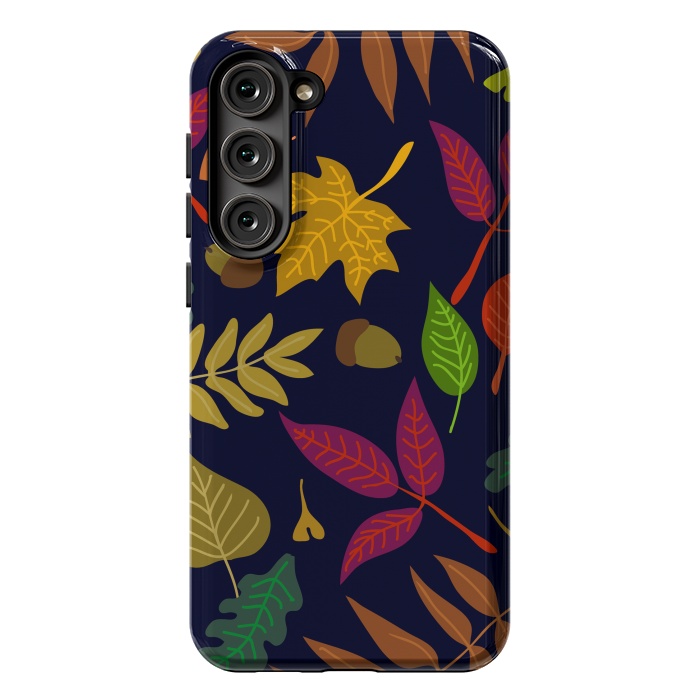 Galaxy S23 Plus StrongFit Colorful Leaves and Acorns on Black Background by ArtsCase