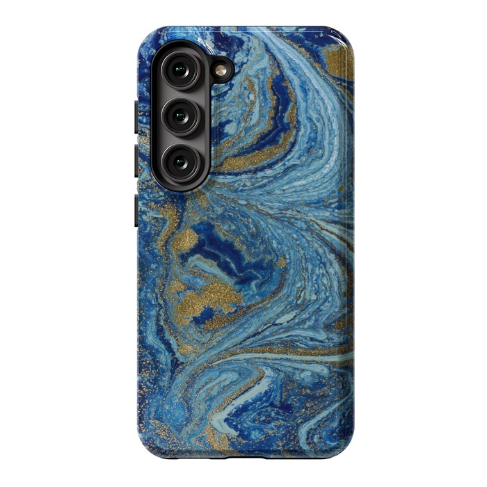 Galaxy S23 StrongFit Fondo Abstracto de Color Azul Marmol y Dorado by ArtsCase